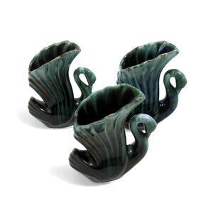 BMP Canada Green Ceramic SWAN Vases Trio Vintage Home Decor 6" Tall